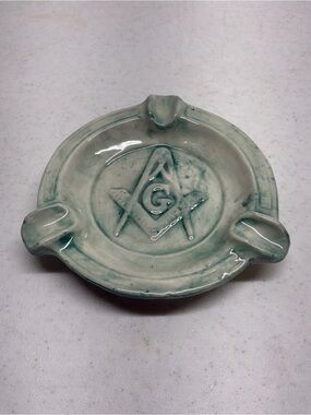 Vintage Masonic Freemason Ceramic Porcelain Ashtray Green and White